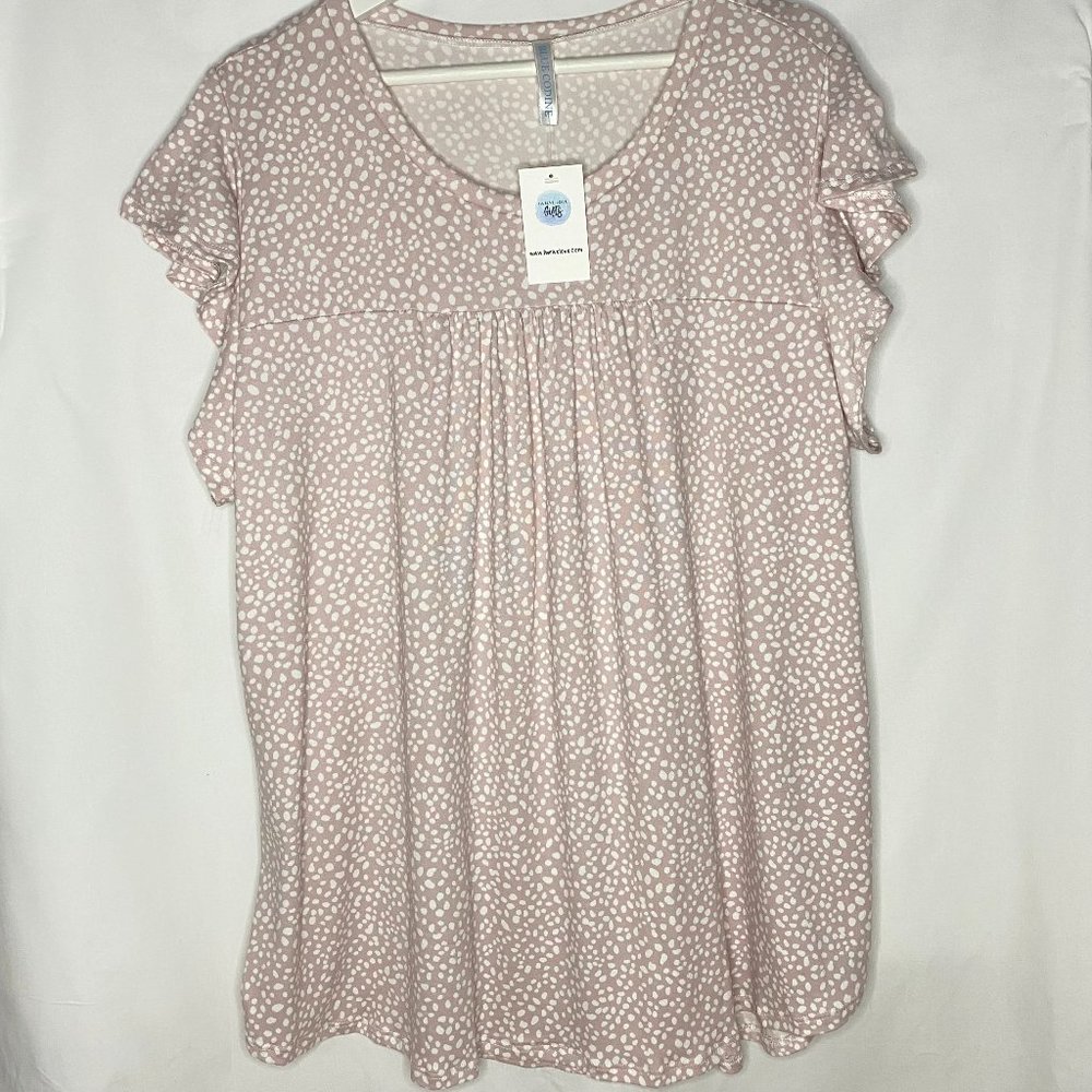 Plus Size- Ruffle Sleeve Round Neck Top- Dusty Rose with white spots